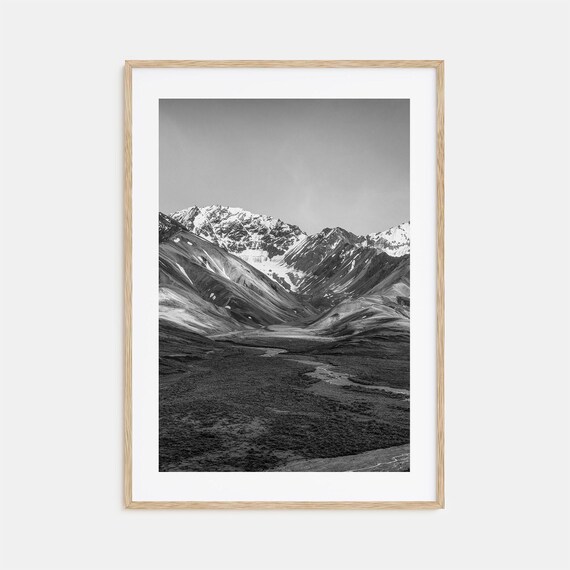 Denali Alaska Snow Capped Peaks Tundra Valley Black and White Poster