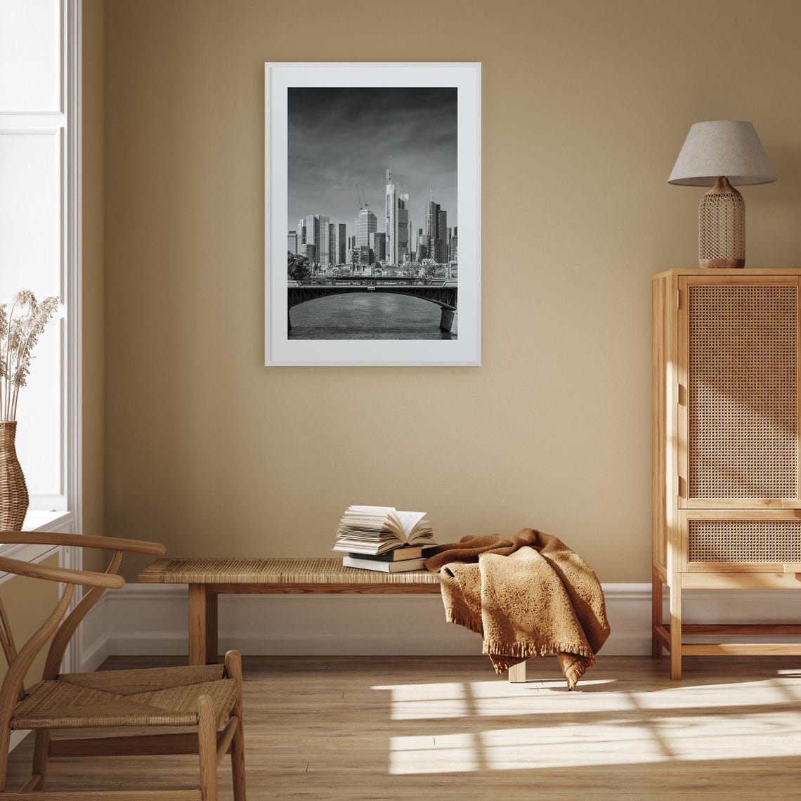 Frankfurt Am Main Black And White Skyline Over River Bridge Poster - Image 3