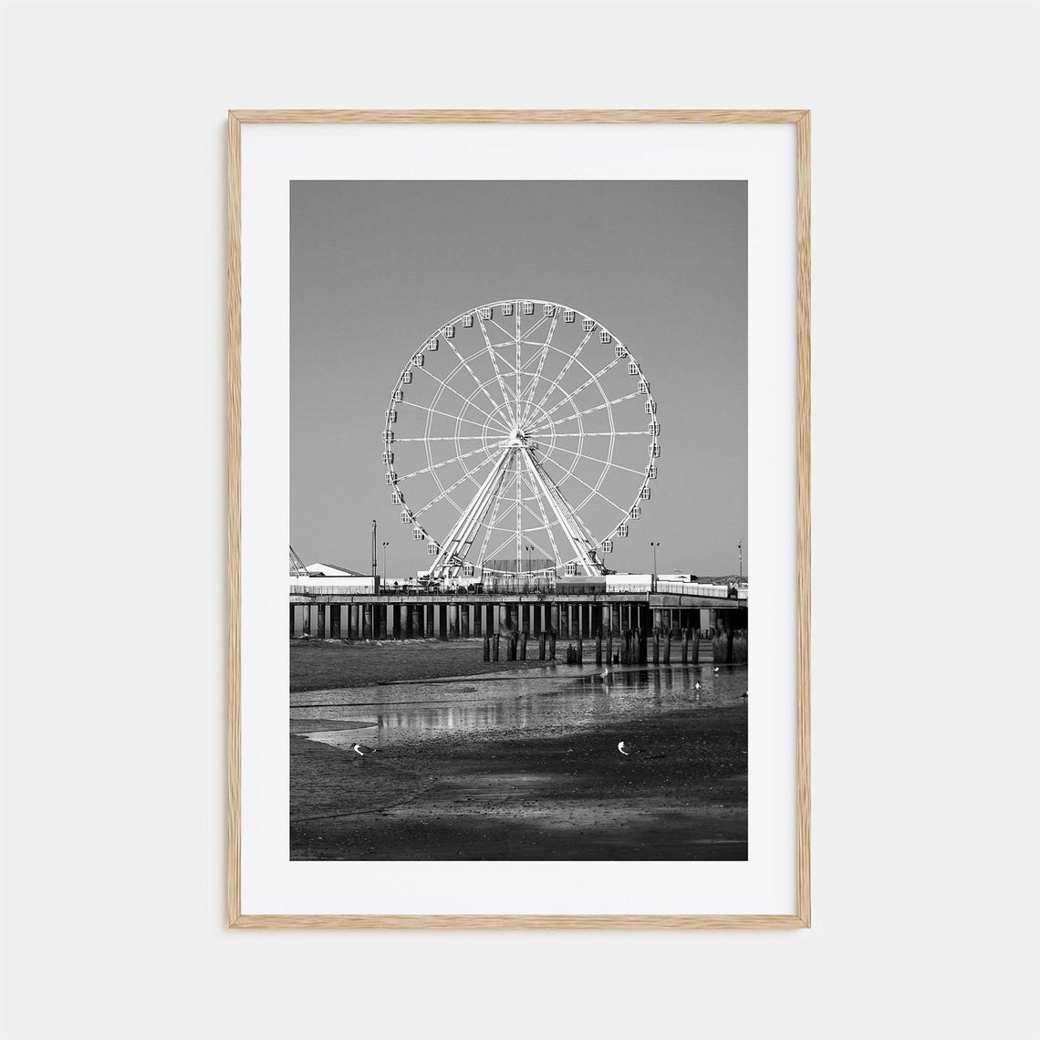 Atlantic City Pier Ferris Wheel Beach Black And White Photo Poster