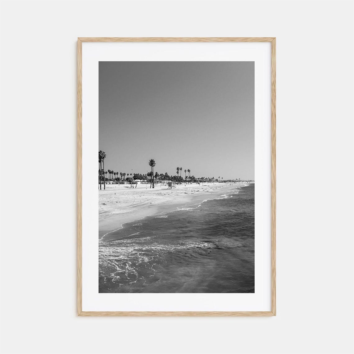 Sandy Palm Tree Beach Ocean Waves Black White Coastal Poster