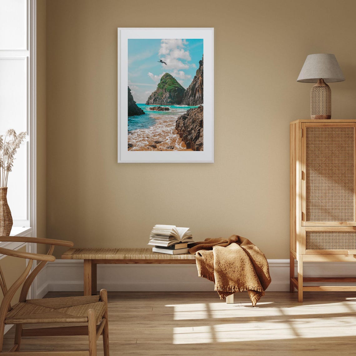 Tropical Cove with Volcanic Sea Stack and Seabird in Flight Poster - Image 3
