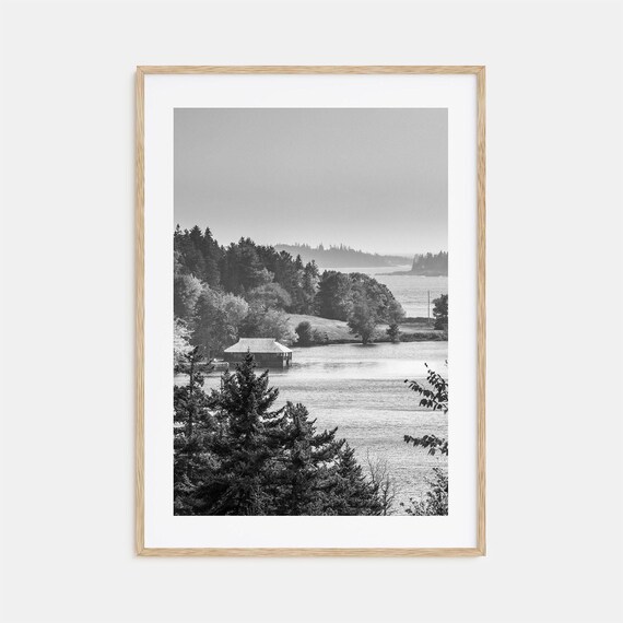 Acadia National Park Rocky Coast Boathouse Pines Maine Black White Poster