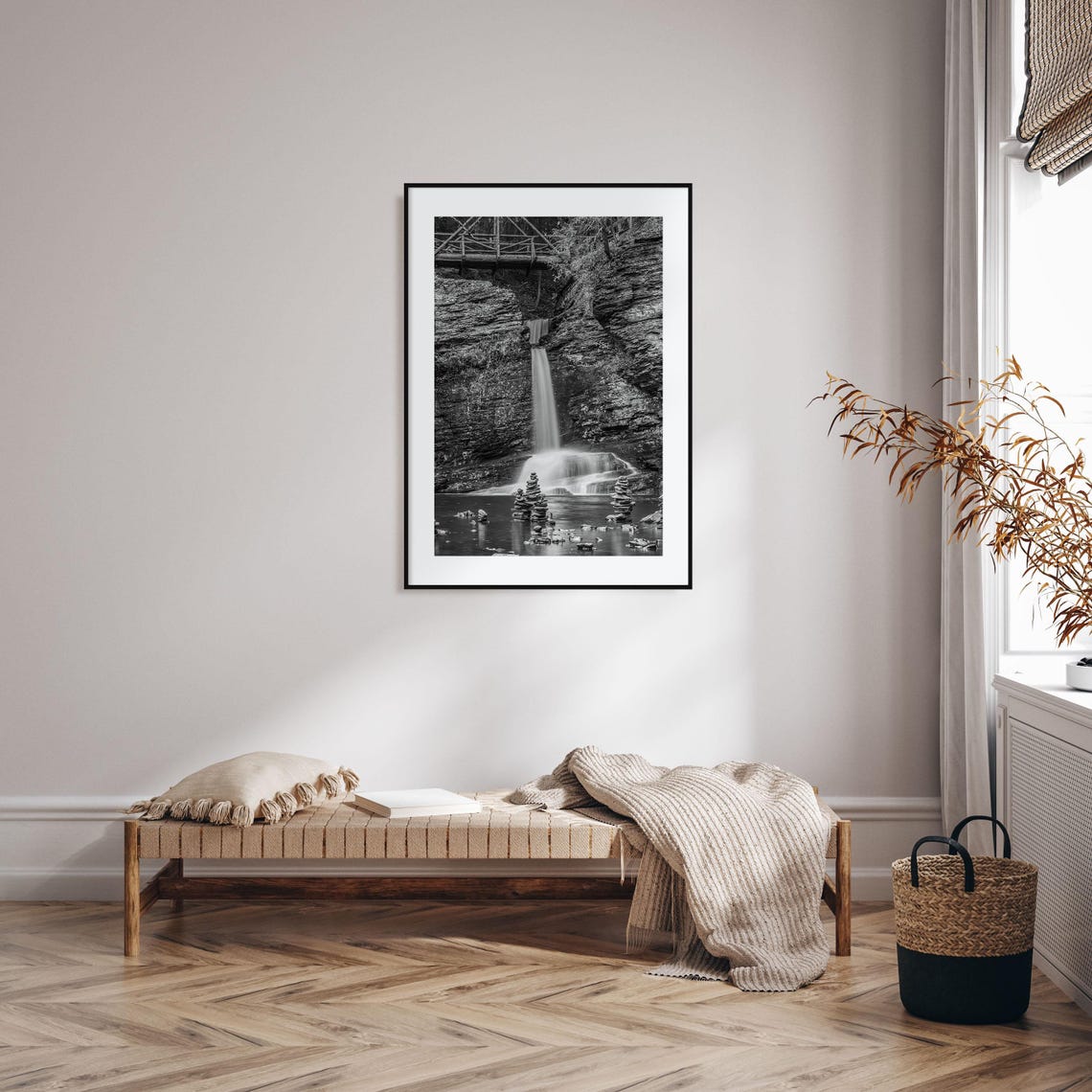 Pocono Mountains Waterfall Falls Footbridge Black and White Poster - Image 2