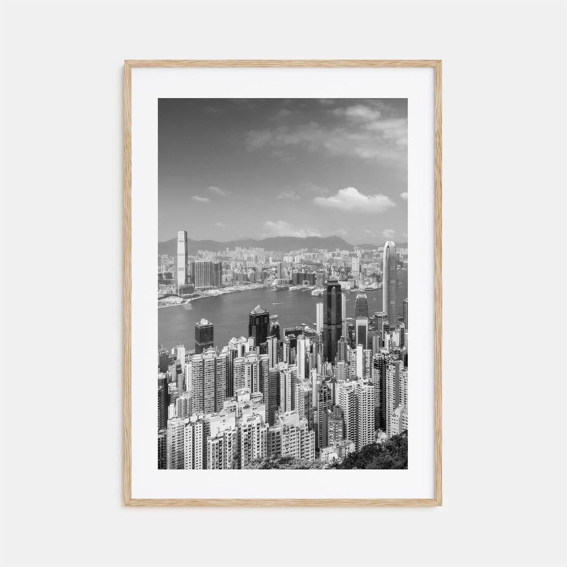 Hong Kong Victoria Harbour Panoramic Skyline Black And White Poster
