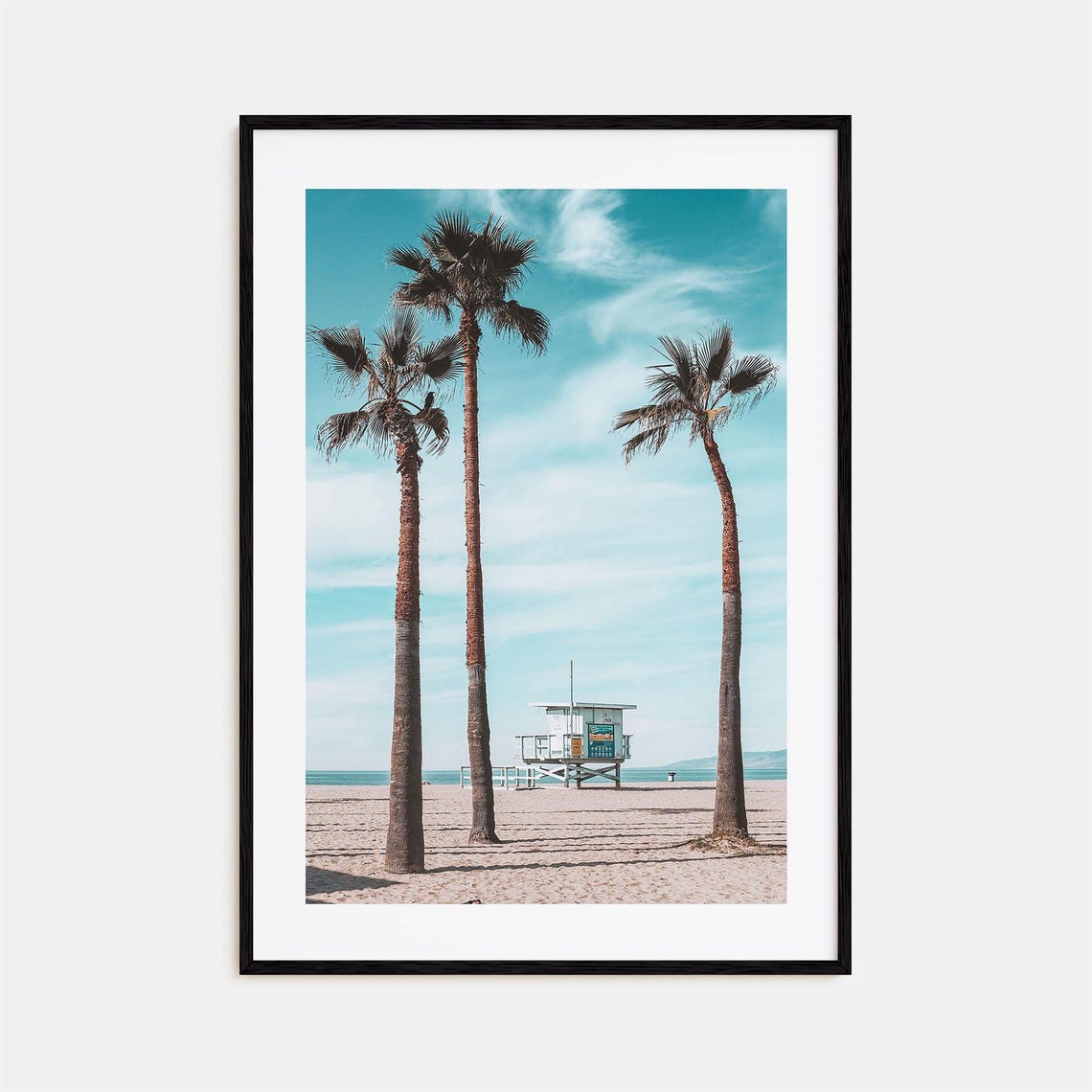 Santa Monica Palm Trees and Lifeguard Tower on Sunny Beach Poster
