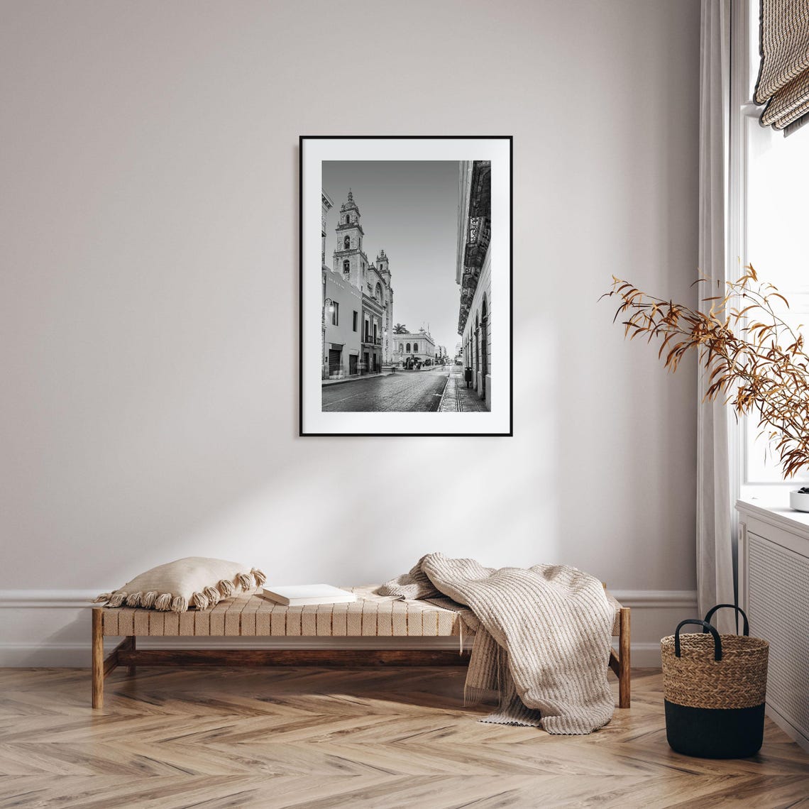 Merida Mexico Cathedral Towers Colonial Street Black and White Poster - Image 2