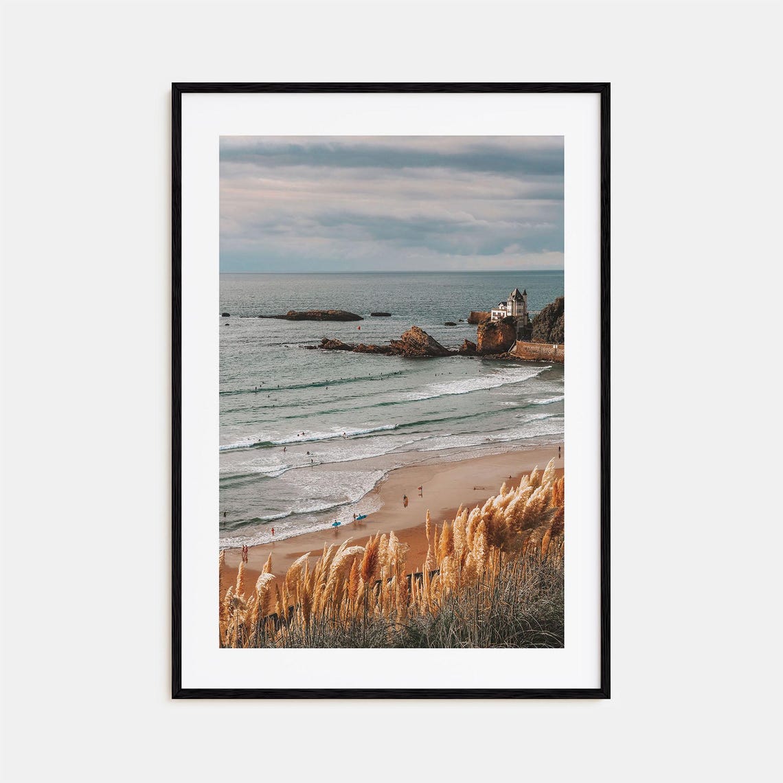 Biarritz France Surf Beach with Villa on Cliff Travel Poster
