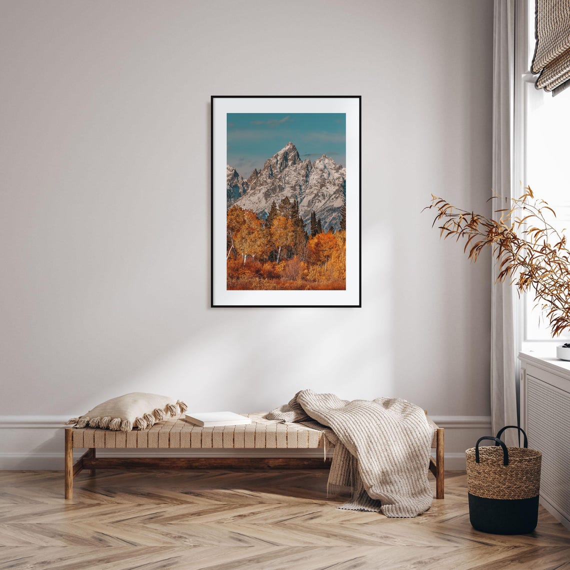 Grand Teton Snowy Peaks with Golden Autumn Trees Morning Print - Image 2
