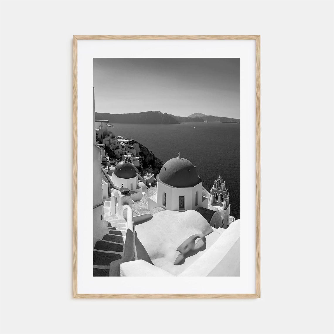 Santorini Domed Churches Caldera Black and White Greece Poster