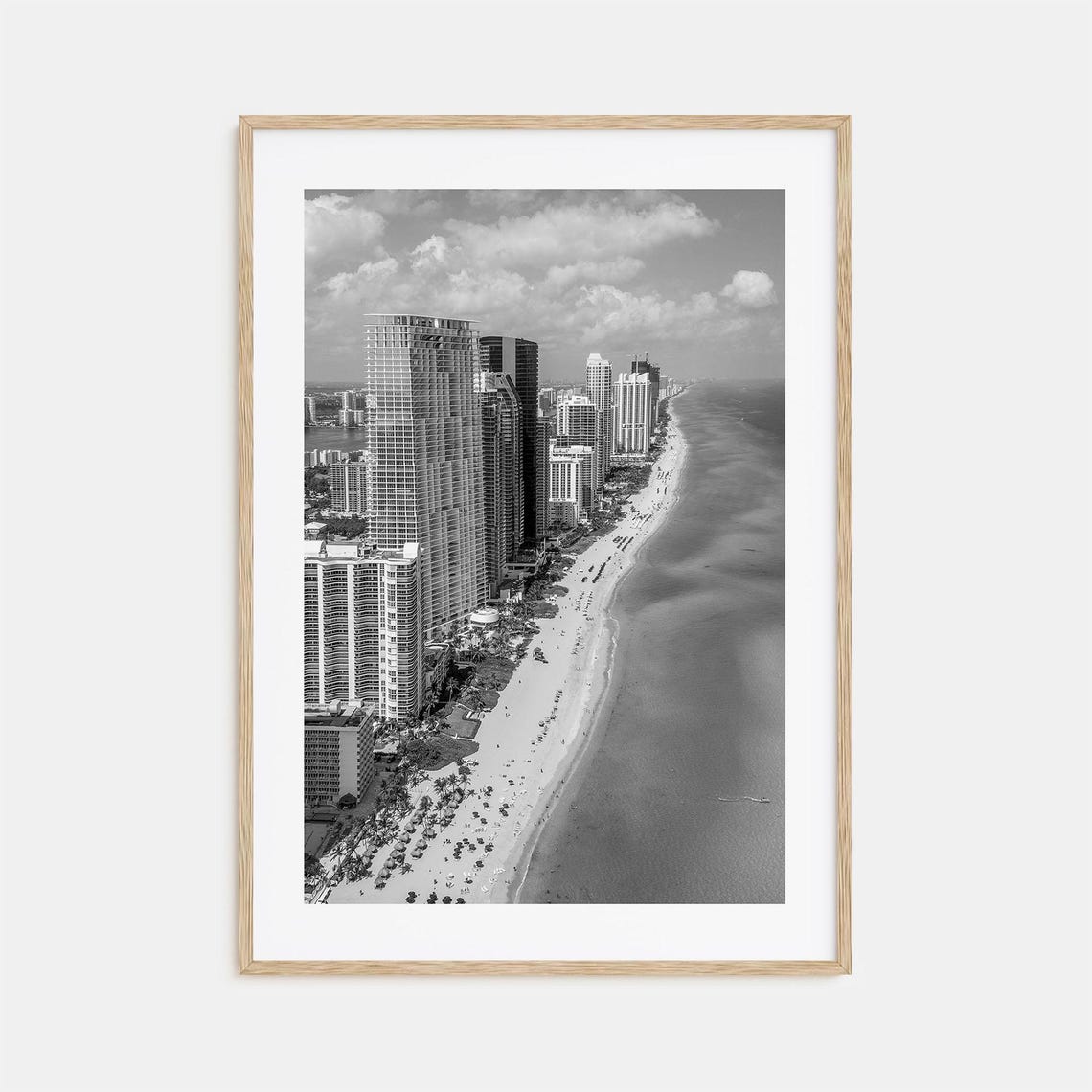 Miami Beach Aerial Skyline High Rise Beachfront Black and White Poster