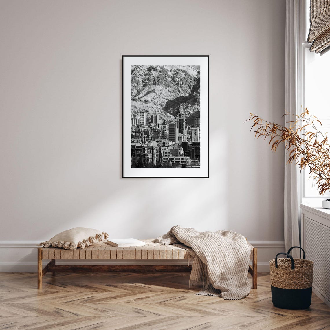 Tehran City Skyline Black and White Snowy Mountain View Poster - Image 2