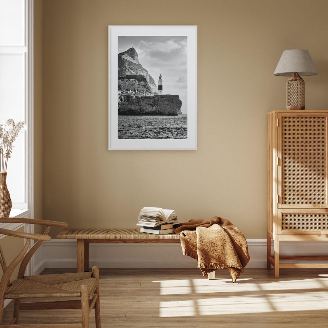 Gibraltar Black And White Europa Point Lighthouse And Rock Poster - Image 3