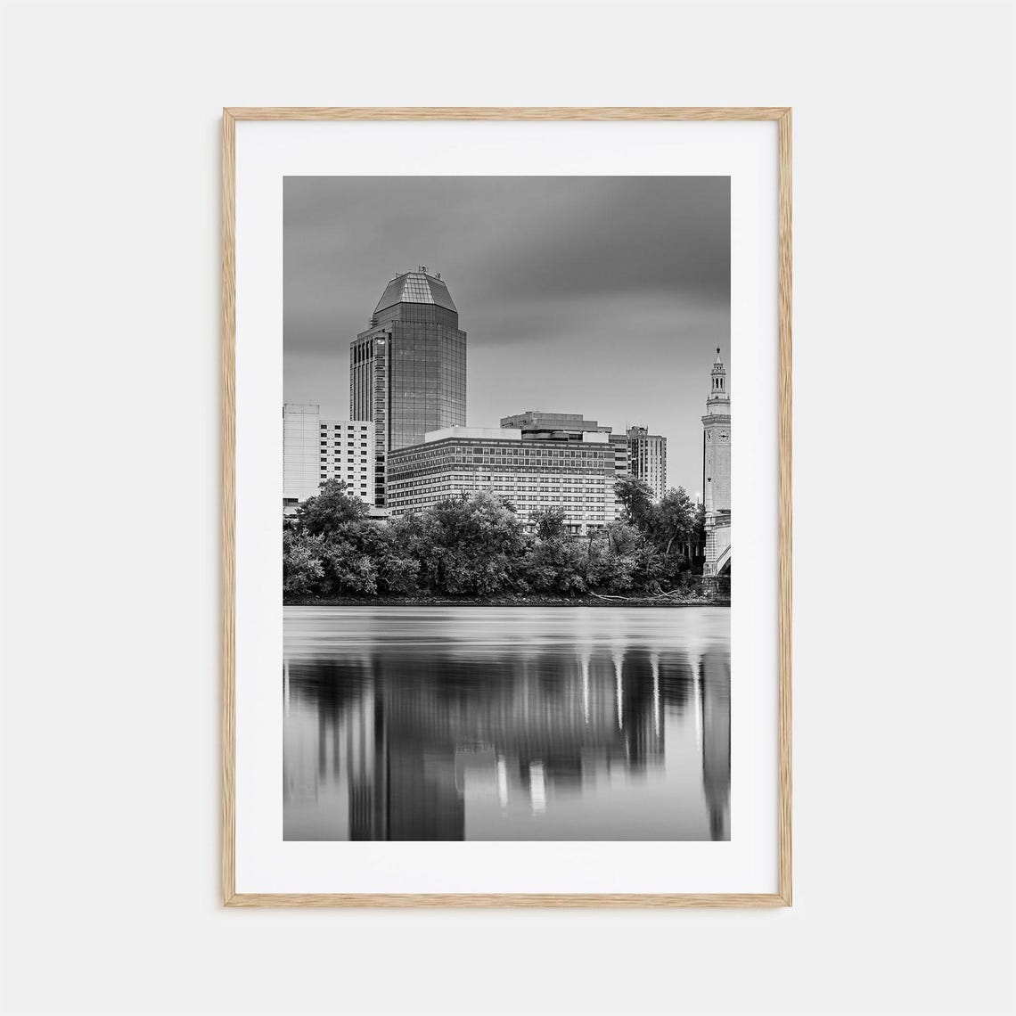 Springfield Massachusetts Skyline River Reflection Black White Poster
