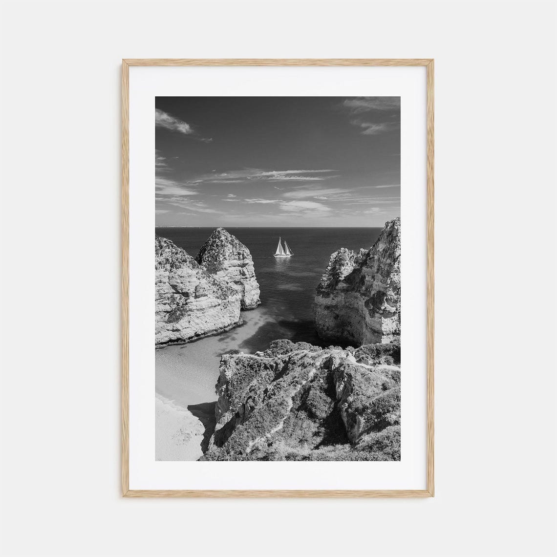 Algarve Limestone Sea Stacks Sailboat Cove Black And White Poster