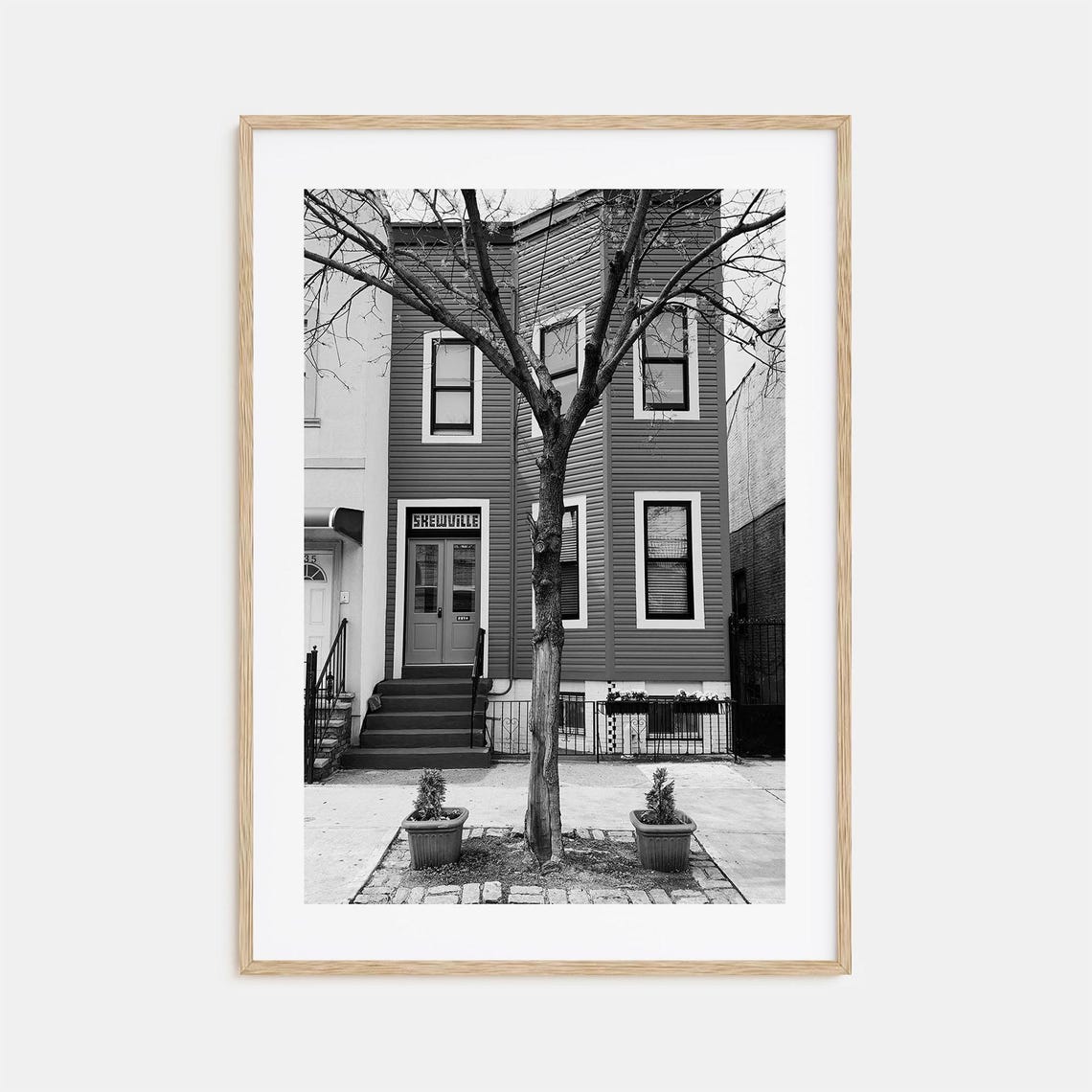 Bushwick Brooklyn Rowhouse Brewville Sign Tree Black White Poster