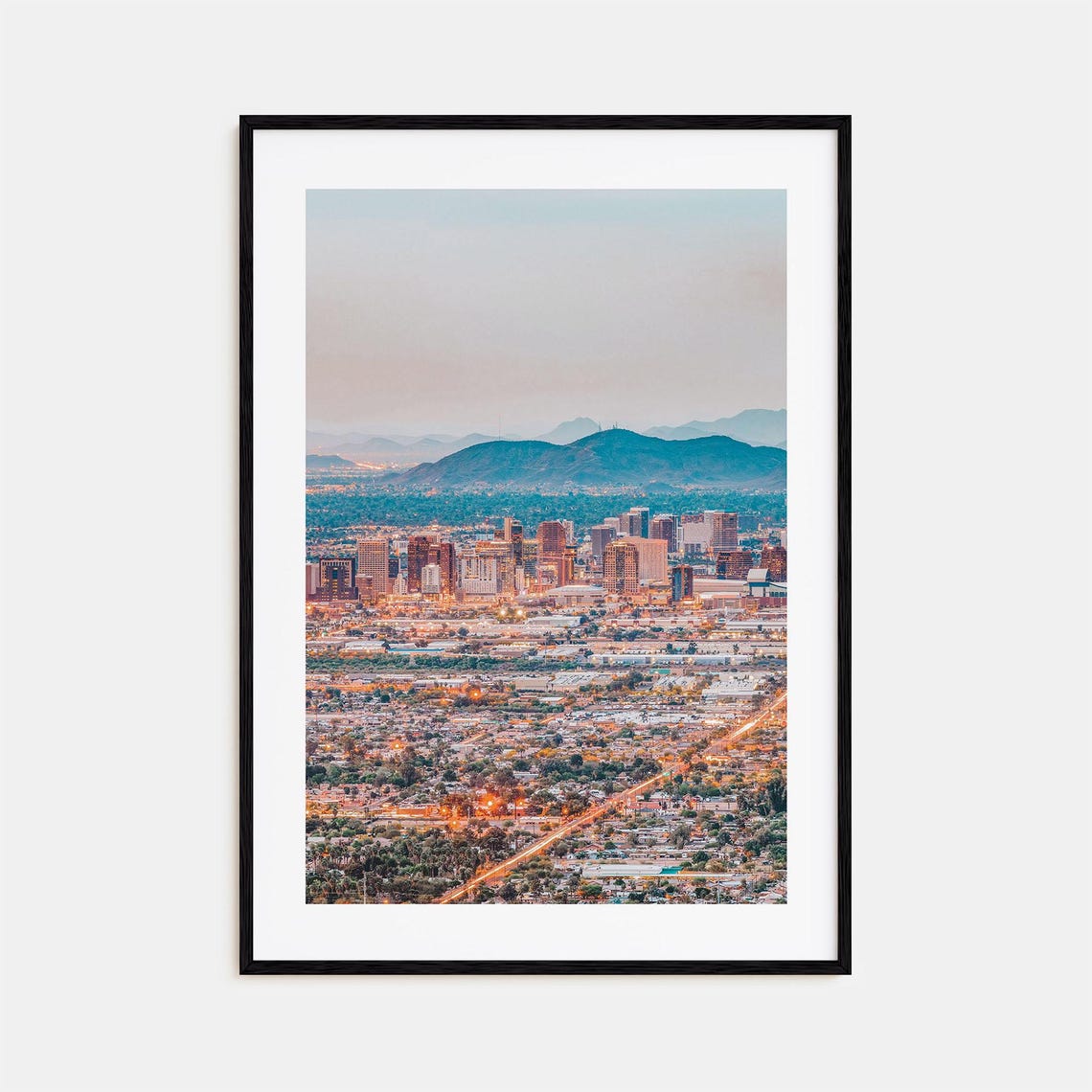 City Skyline With Desert Mountains at Dusk Aerial Photography Poster