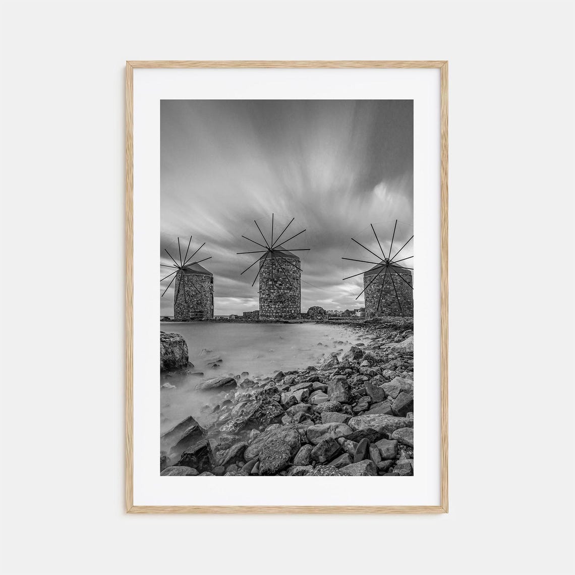 Traditional Greek Windmills Rocky Shore Black and White Poster