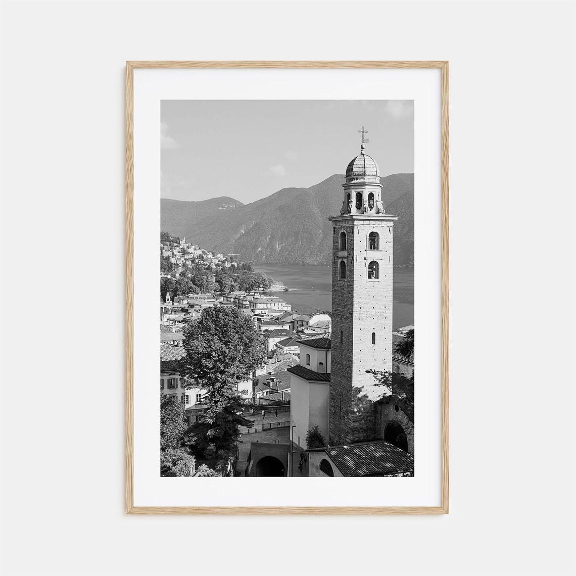 Lugano Switzerland Bell Tower Black And White Lake Church Poster