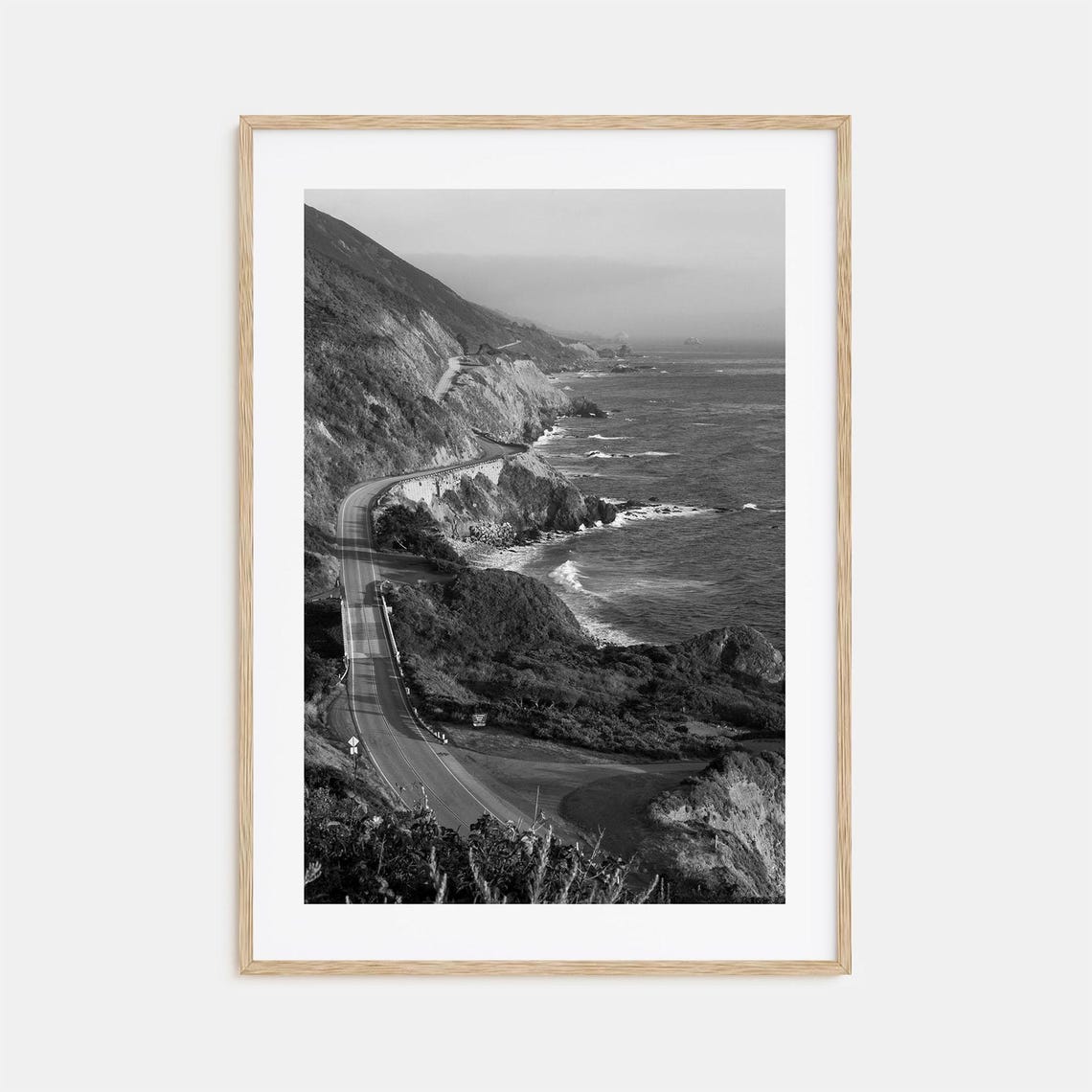 Pacific Coast Highway Cliffside Ocean Road Black and White Poster