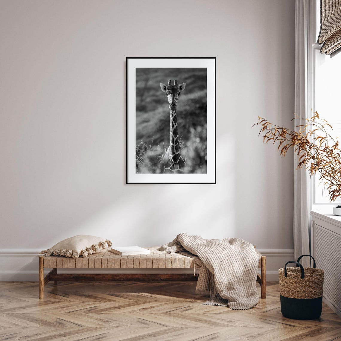 Giraffe Looking Straight At The Camera Black And White Wildlife Poster - Image 2