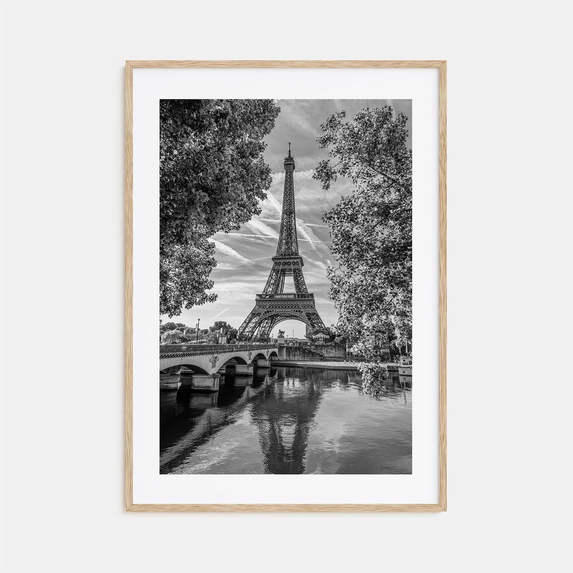 Paris Eiffel Tower Seine Reflection Bridge Black and White Poster