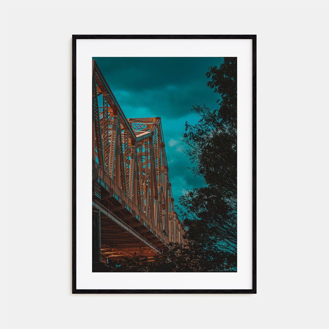 Steel Truss Bridge Dusk Teal Sky Industrial Photography Print