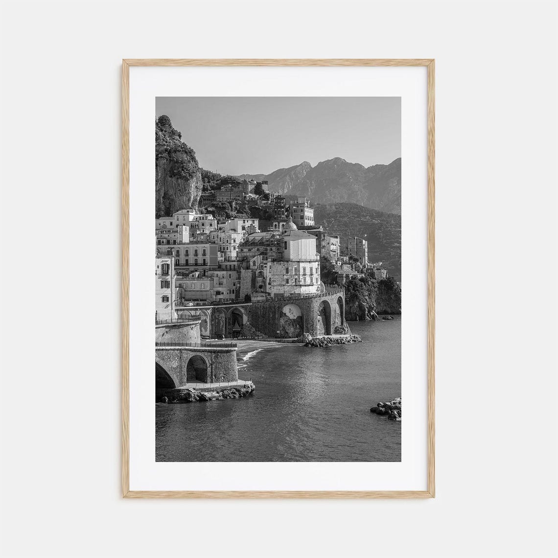 Amalfi Coast Italy Cliffside Old Town Seaside Black and White Poster