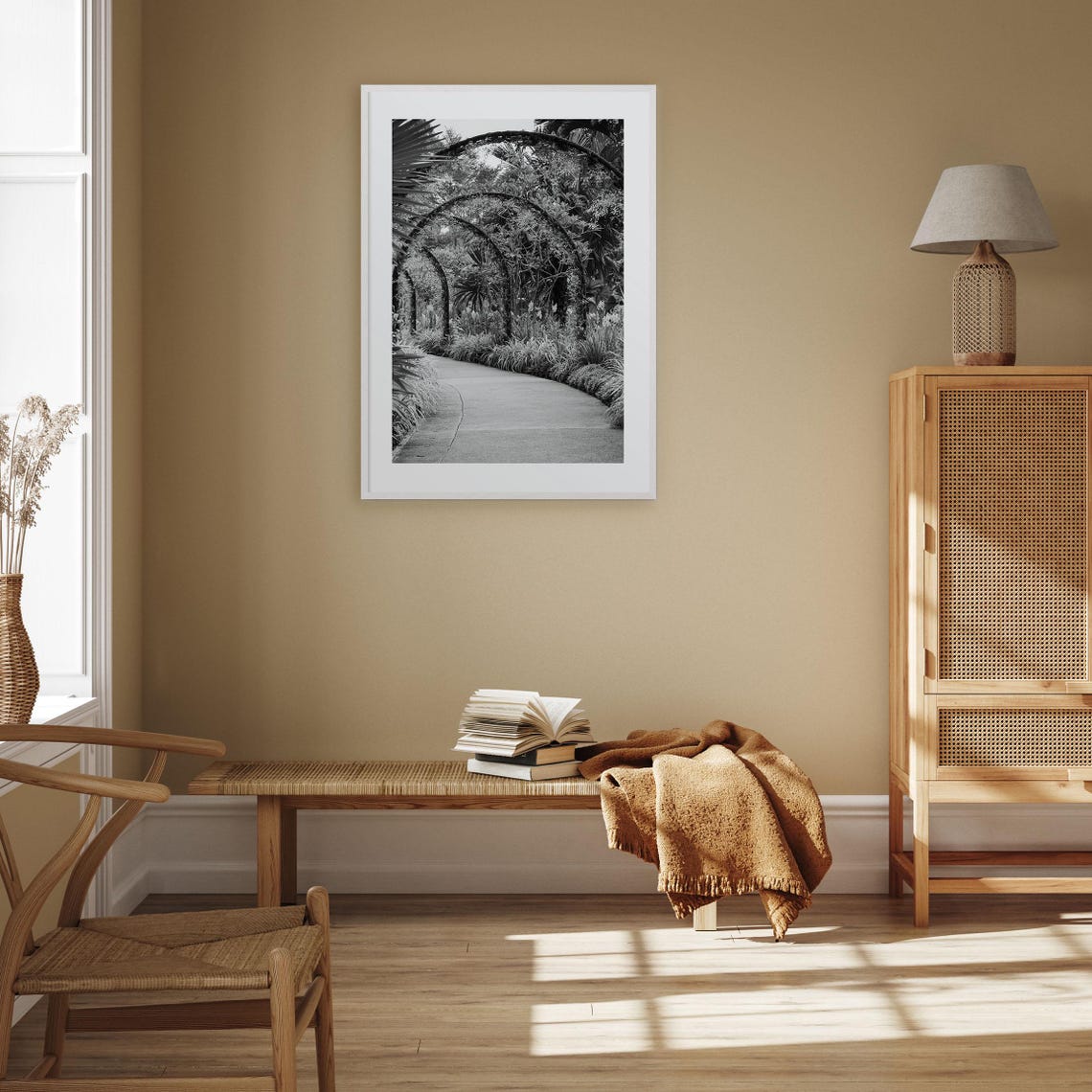 Tropical Garden Pathway Under Leafy Arches Black White Photo Poster - Image 3