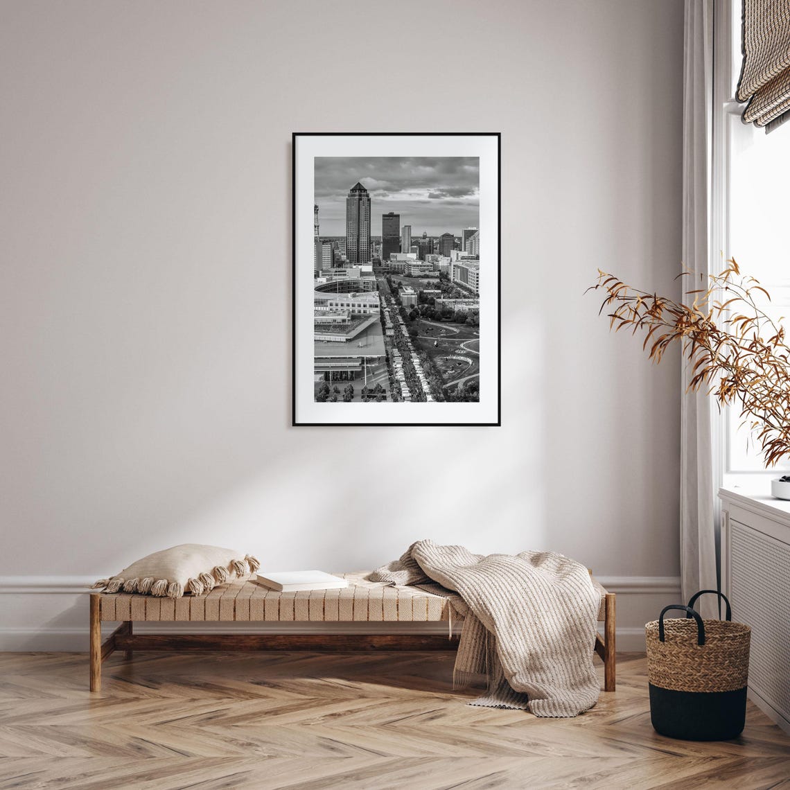 Des Moines Iowa Black And White Skyline With Market Tents Poster - Image 2