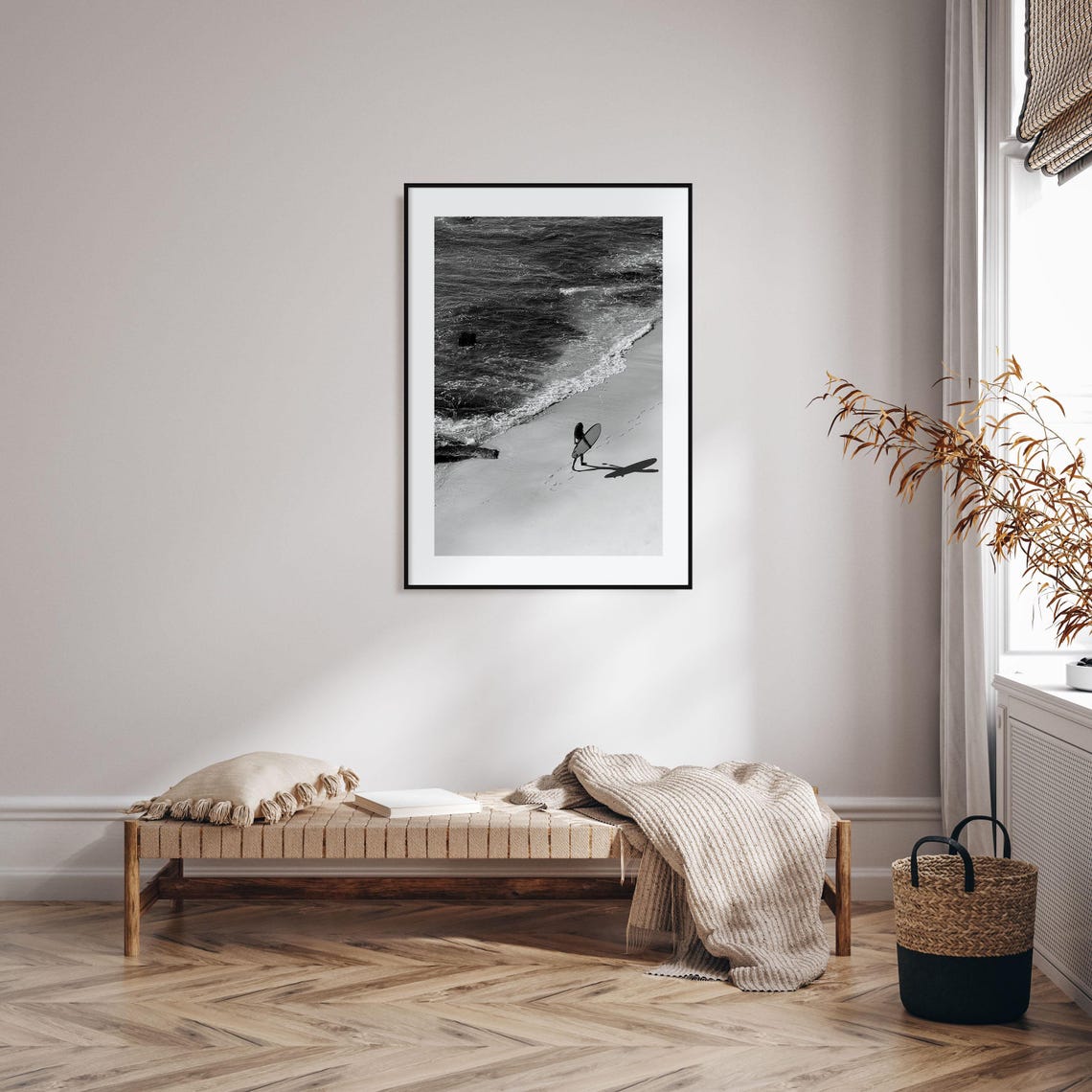 Lone Surfer Walking The Shoreline From Above Black White Poster - Image 2