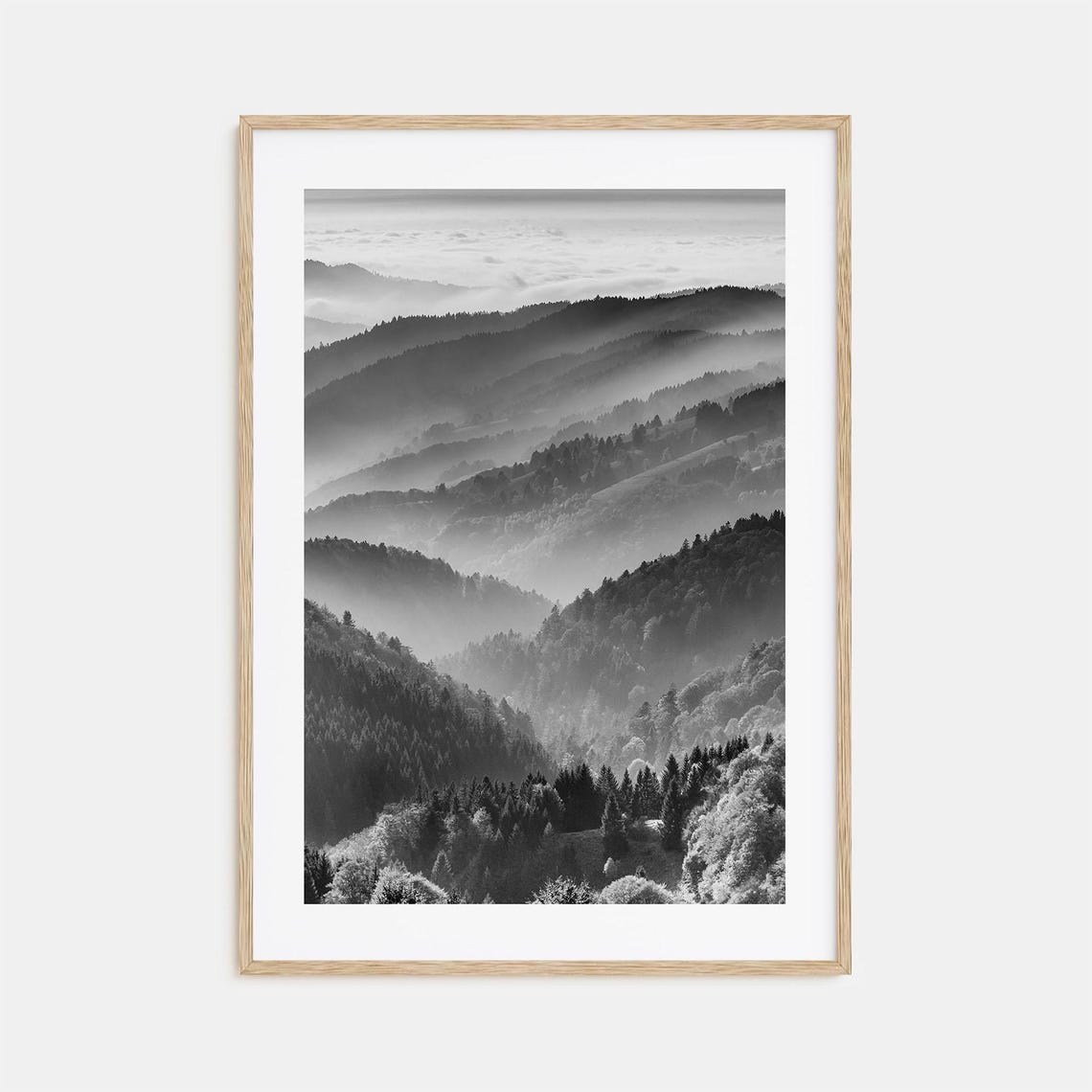 Misty Mountain Ridges Layered Hills Black White Forest Poster