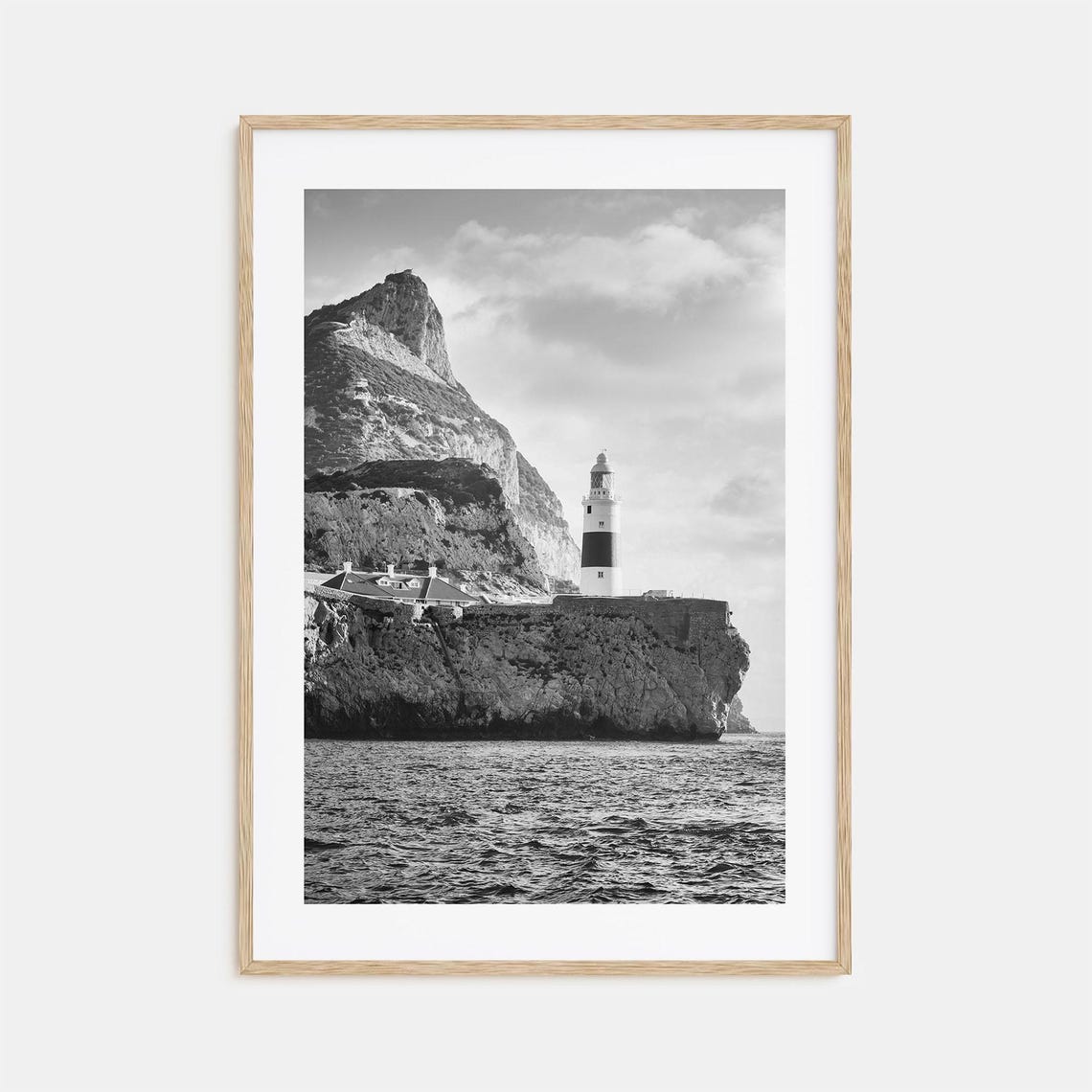 Gibraltar Black And White Europa Point Lighthouse And Rock Poster