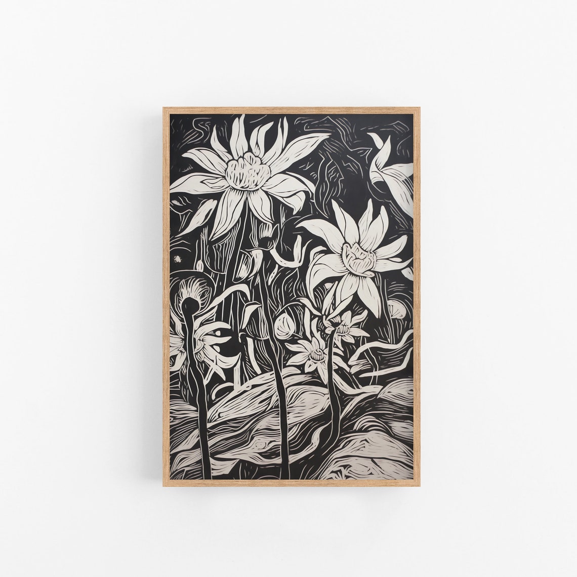 Black and White Linocut Style Floral Botanical Decor Gift Poster