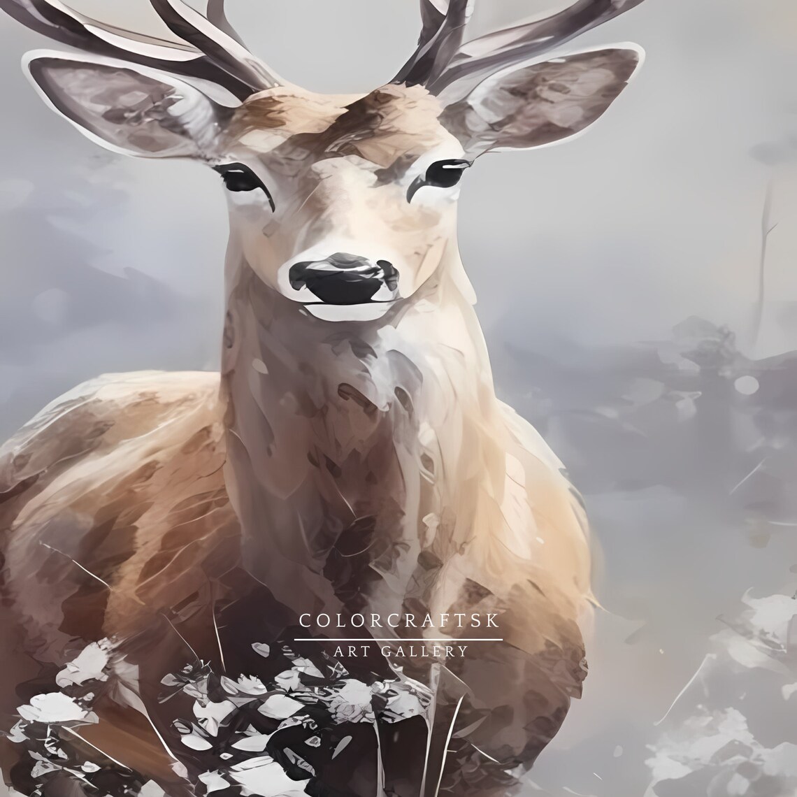 Two Stags In Misty Wildflower Field Vintage Deer Oil Painting Art Print - Image 2