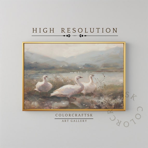 Vintage Painting Of Geese At The Lake Landscape Rustic Wall Art Antique Wall Decor Pond Goose Wildlife Art Print Instant