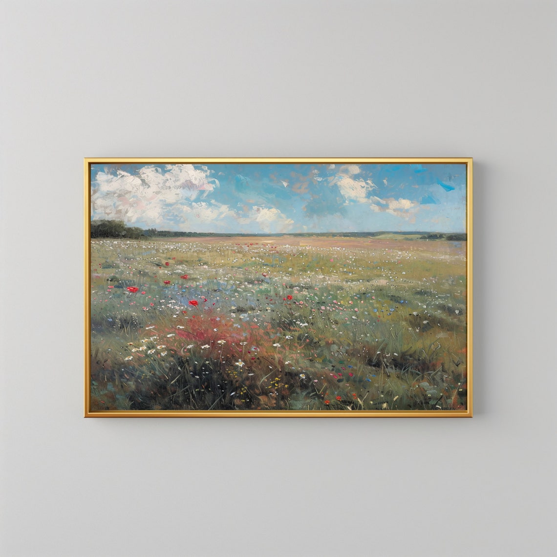 Wildflower Plain Under Bright Blue Sky Impressionist Meadow Art Print - Image 2