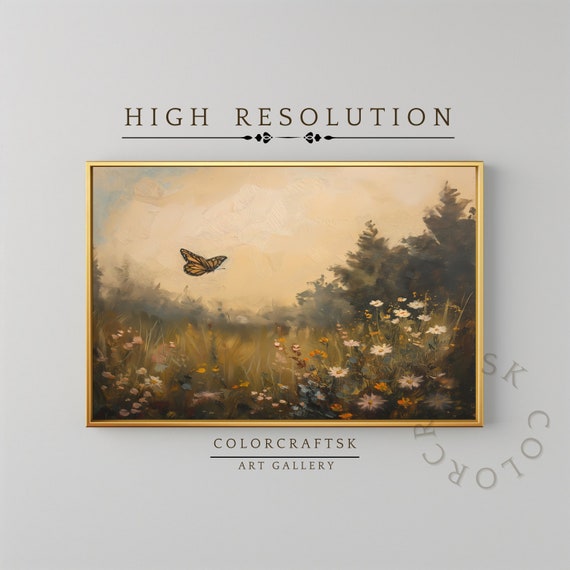 Vintage Butterfly Wall Art Landscape Wildflower Field Painting Art Country Wall Art Farmhouse Decor Instant