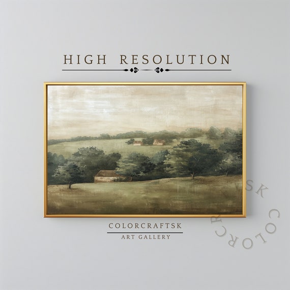 Vintage Landscape Painting Country Wall Art Rustic Wall Decor Farmhouse Decor Moody Wall Art