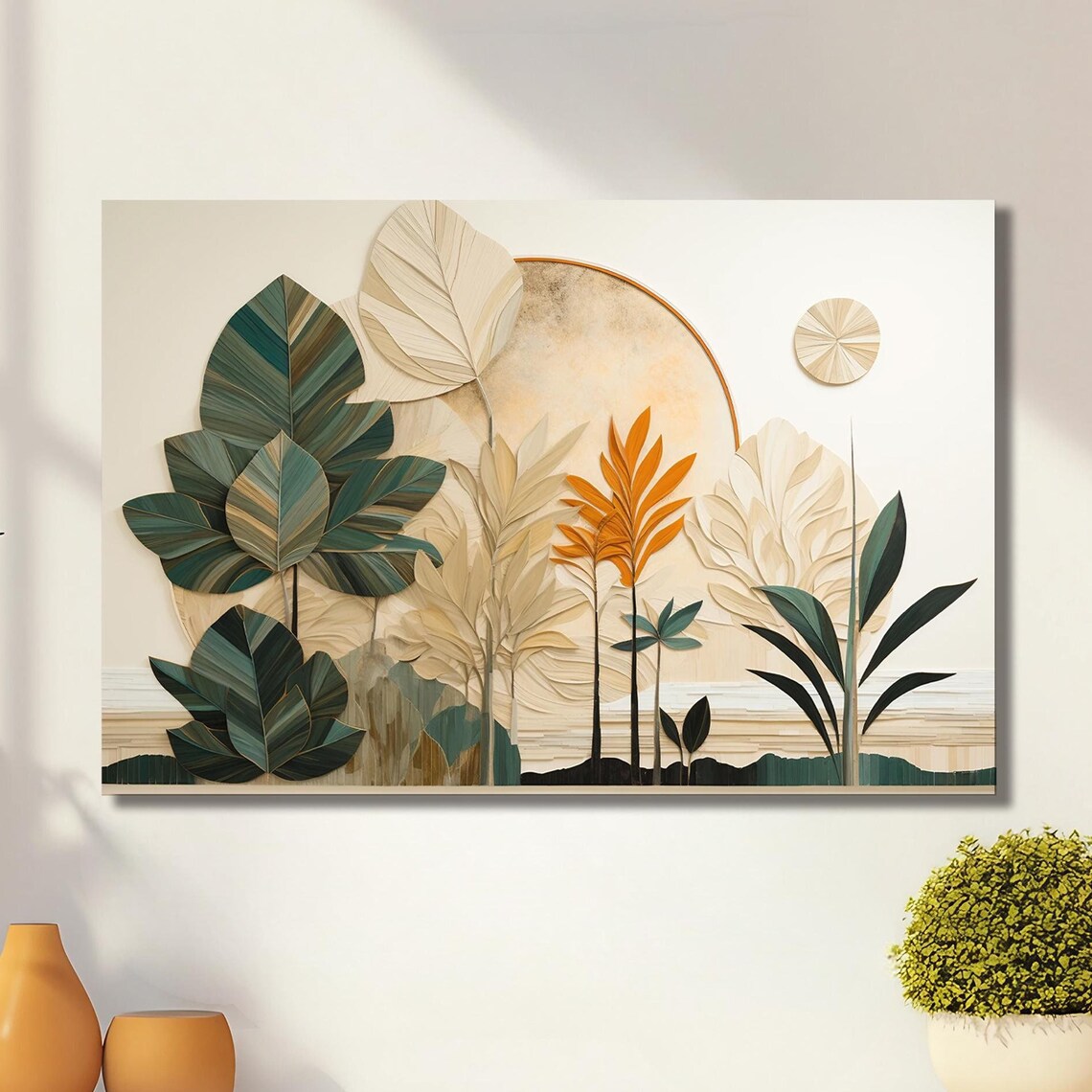 Layered Paper Cut Leaves Cream Green Orange Sun Arch Nature Poster