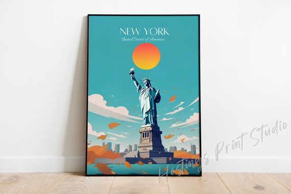 New York Statue of Liberty Sunset Skyline Vintage Travel Art Poster