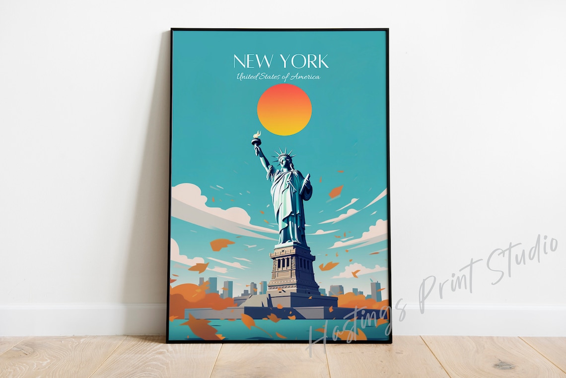 New York Statue of Liberty Sunset Skyline Vintage Travel Art Poster
