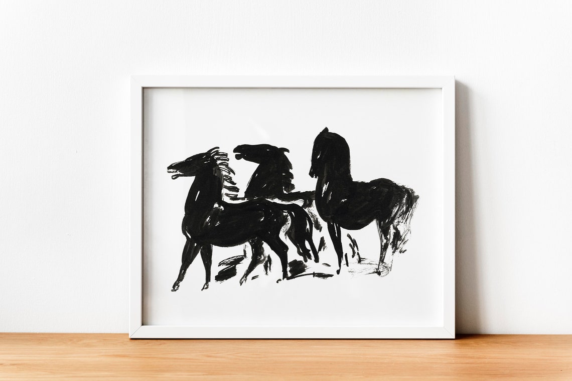 Three Black Horses Ink Sketch Minimalist Equine Drawing Wall Art - Image 3