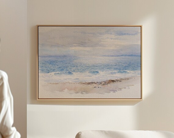 Pastel Beach Ocean Waves Watercolor Painting Soft Coastal Wall Art Poster