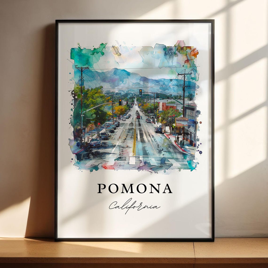 Pomona California Watercolor Downtown Street Mountain View Poster - Image 4