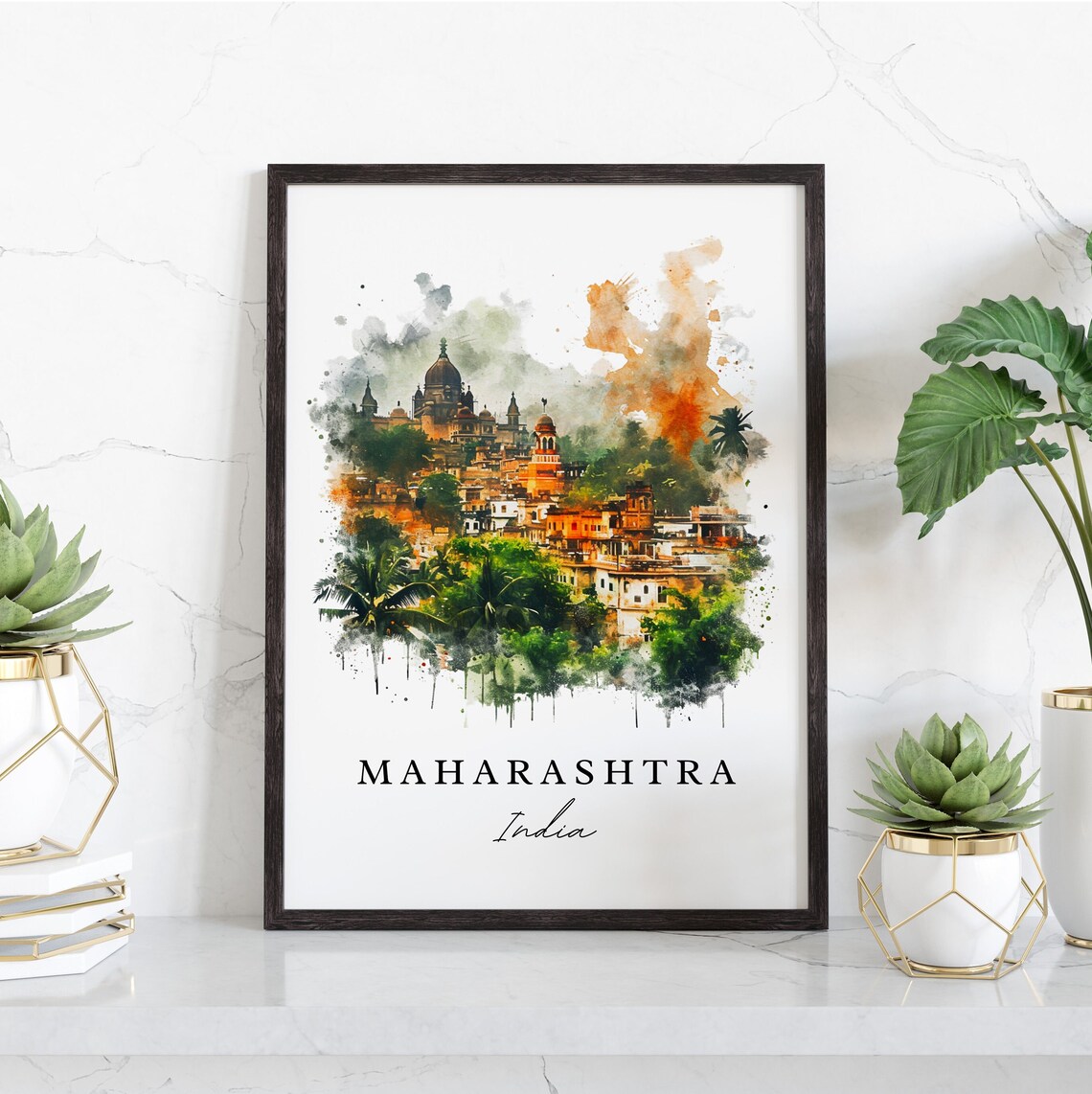 Maharashtra India Hilltop Temple Town Watercolor Travel Art Poster - Image 3