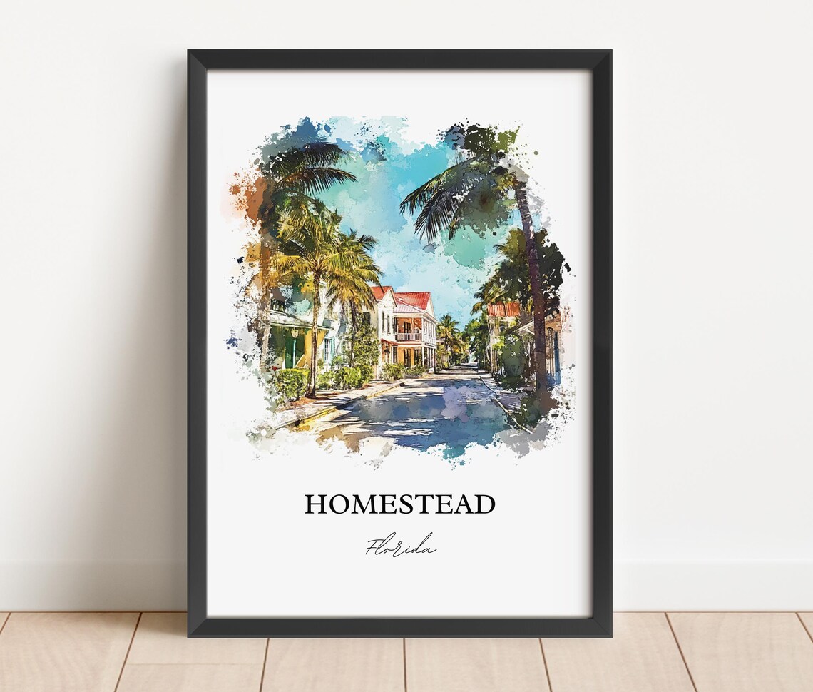 Homestead Florida Historic Palm Lined Street Watercolor Travel Poster - Image 2
