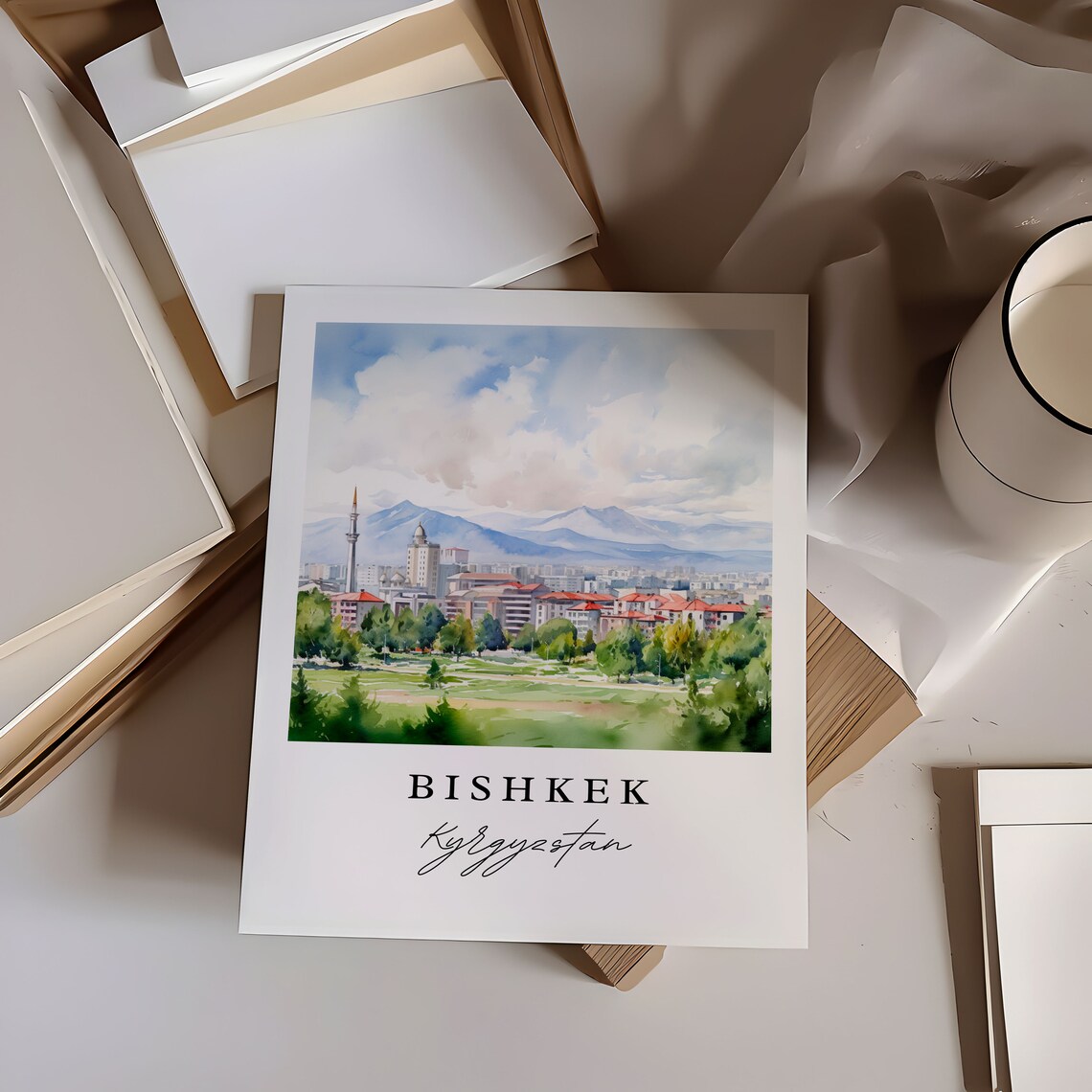Bishkek Kyrgyzstan Watercolor City Mountains Minaret Art Poster - Image 6