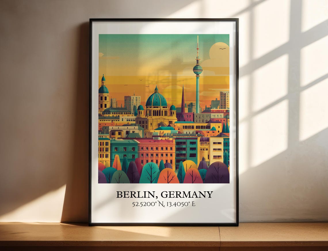 Berlin Germany TV Tower Cathedral Dome Sunset Retro Travel Art Poster