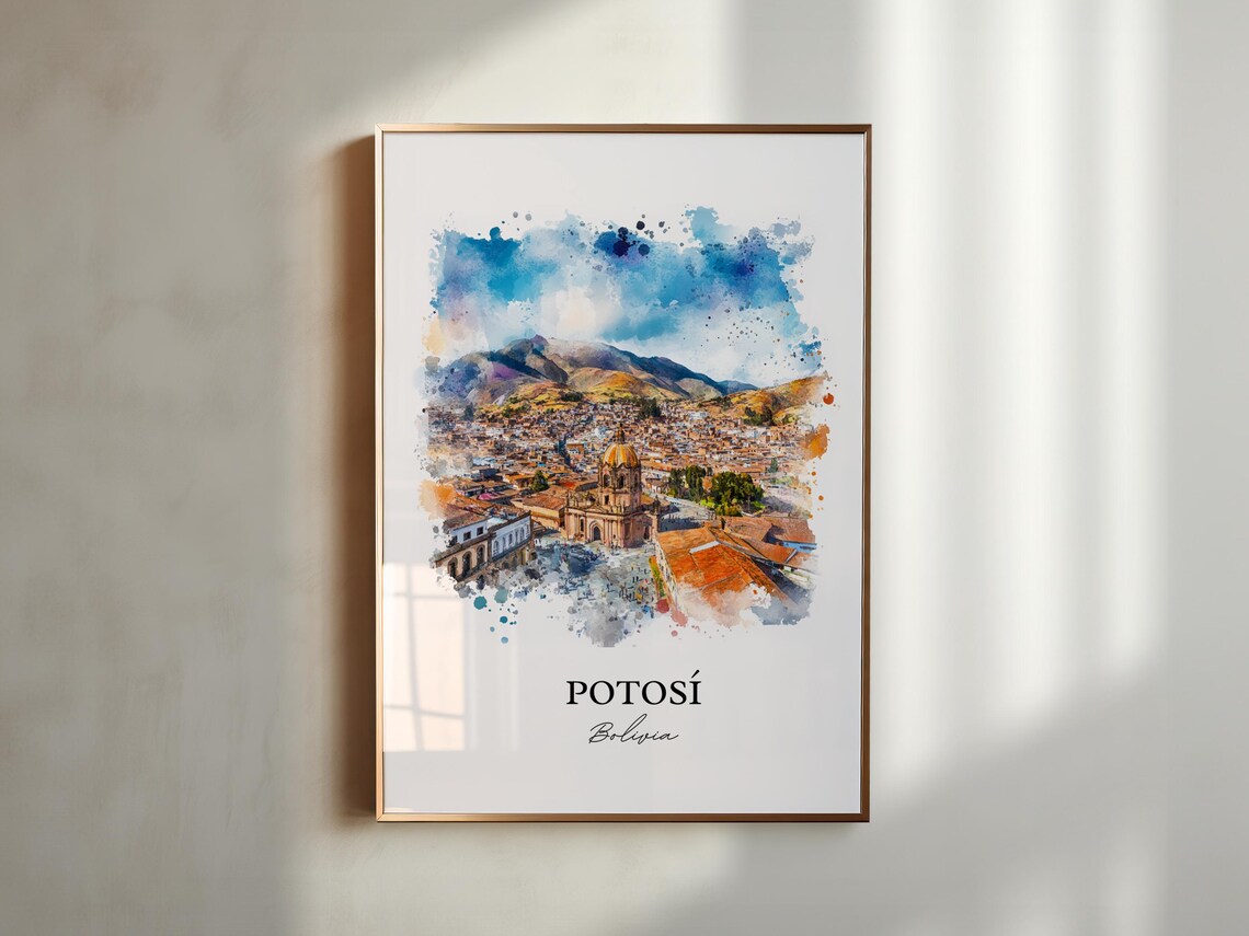 Potosi Bolivia Watercolor Domed Church Mountain Cityscape Poster - Image 3