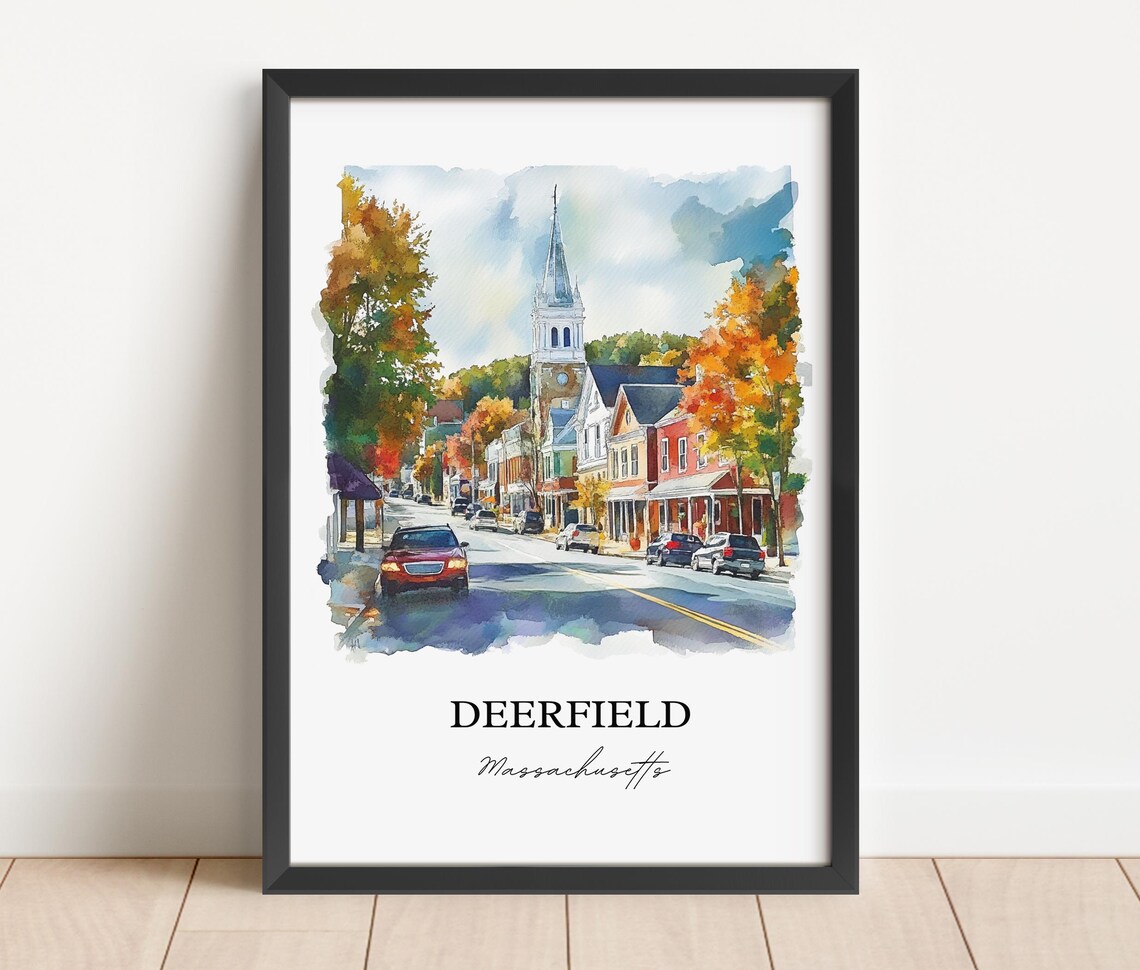 Deerfield Massachusetts Watercolor Fall Church Street Art Poster - Image 2